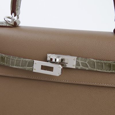 Hermes Kelly Sellier 25 Touch Etoupe Madame / Gris Tourterelle Shiny Crocodile Niloticus PHW