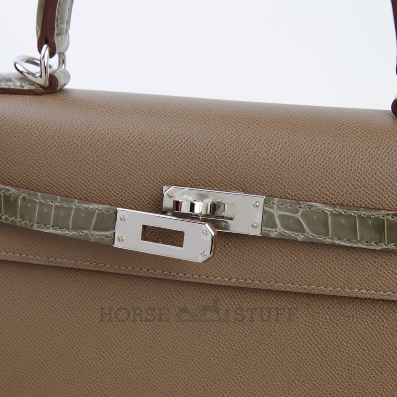 Hermes Kelly Sellier 25 Touch Etoupe Madame / Gris Tourterelle Shiny Crocodile Niloticus PHW