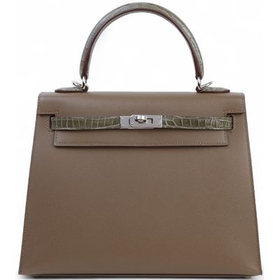 Hermes Kelly Sellier 25 Touch Etoupe Madame / Gris Tourterelle Shiny Crocodile Niloticus PHW