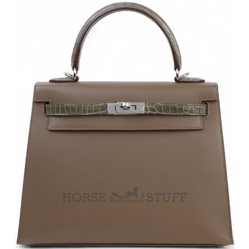 Hermes Kelly Sellier 25 Touch Etoupe Madame / Gris Tourterelle Shiny Crocodile Niloticus PHW