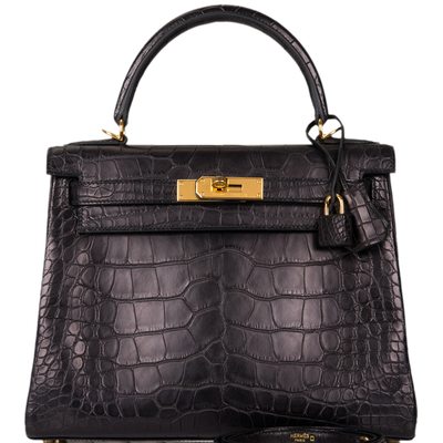 Hermès Kelly Retourne 28 Black Matte Crocodile Alligator GHW