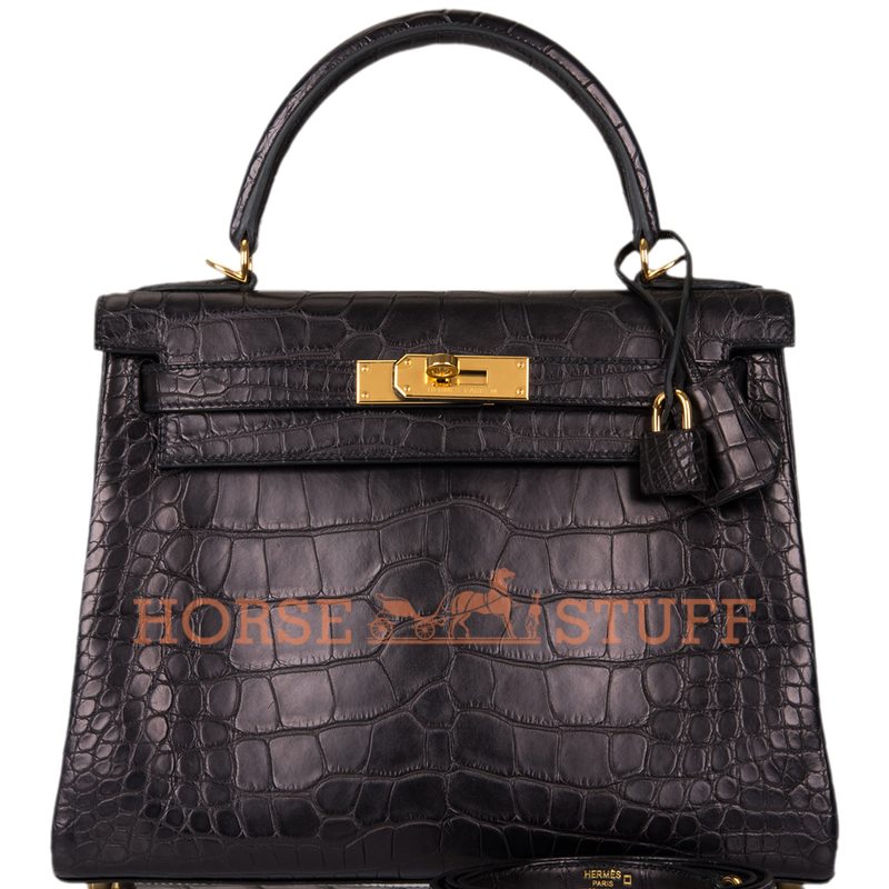 Hermès Kelly Retourne 28 Black Matte Crocodile Alligator GHW