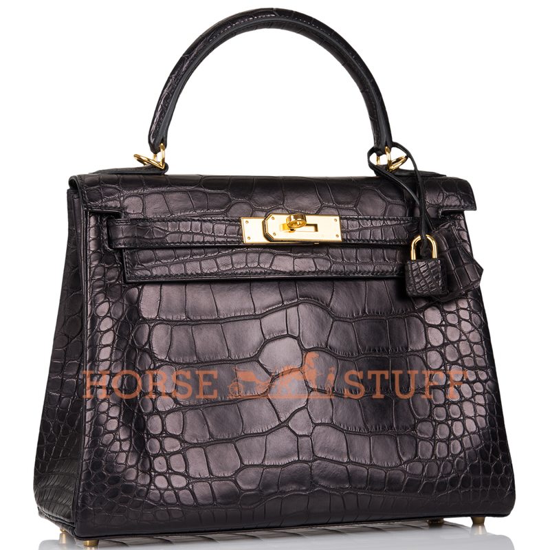 Hermès Kelly Retourne 28 Black Matte Crocodile Alligator GHW