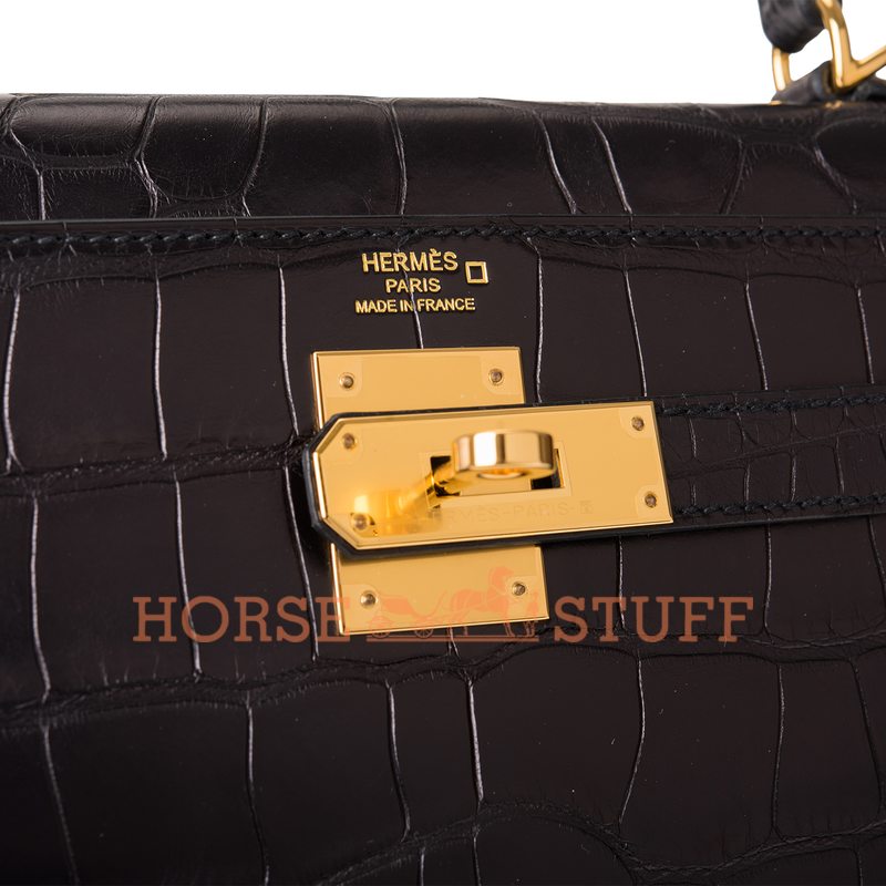 Hermès Kelly Retourne 28 Black Matte Crocodile Alligator GHW