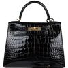 Hermes Kelly Sellier 28 Black Lisse Crocodile Alligator GHW