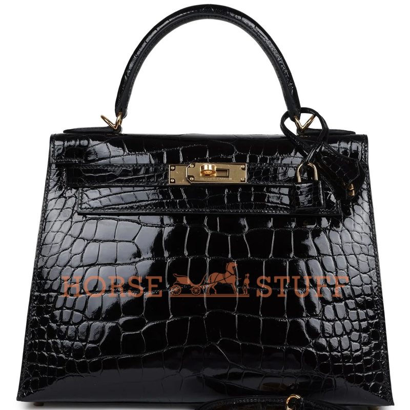 Hermes Kelly Sellier 28 Black Lisse Crocodile Alligator GHW