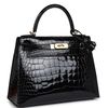 Hermes Kelly Sellier 28 Black Lisse Crocodile Alligator GHW