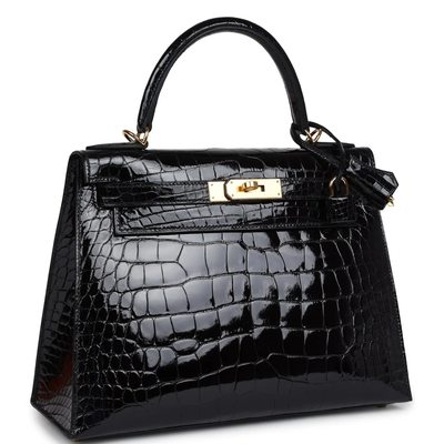 Hermes Kelly Sellier 28 Black Lisse Crocodile Alligator GHW