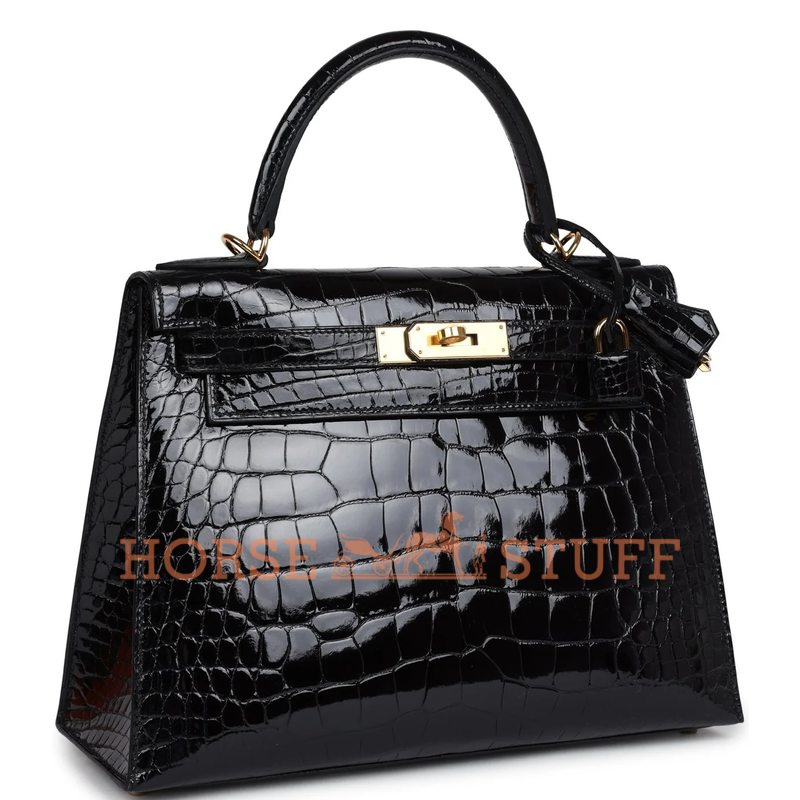 Hermes Kelly Sellier 28 Black Lisse Crocodile Alligator GHW