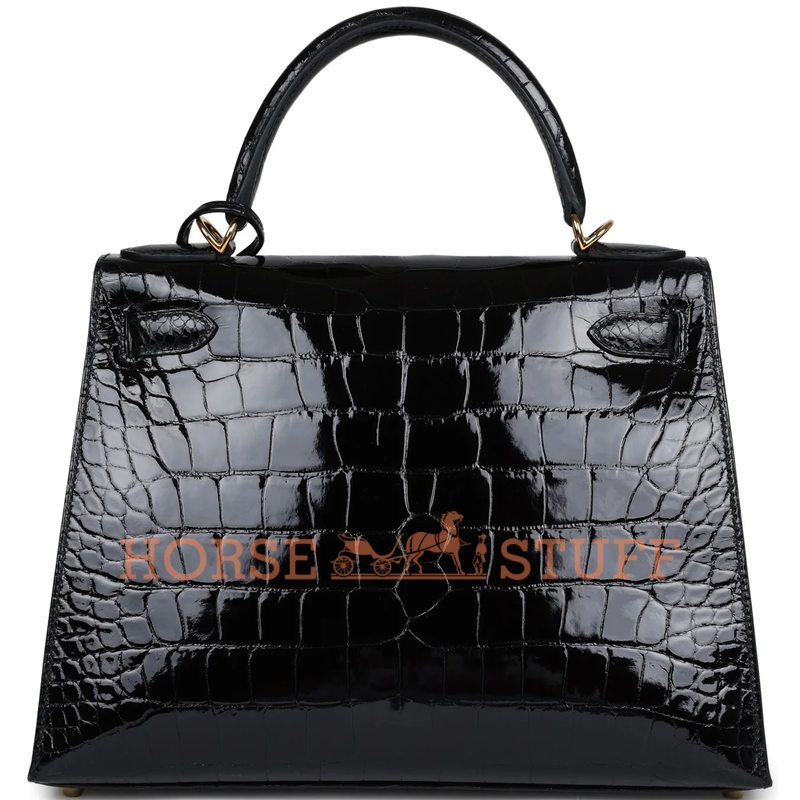 Hermes Kelly Sellier 28 Black Lisse Crocodile Alligator GHW