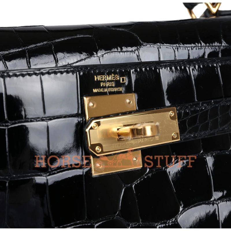 Hermes Kelly Sellier 28 Black Lisse Crocodile Alligator GHW