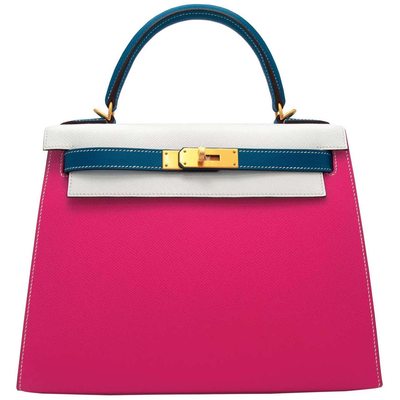 Hermès Kelly Sellier 28 Special Order HSS Tricolor Rose Tyrien / White / Blue Sapphire Epsom BGHW