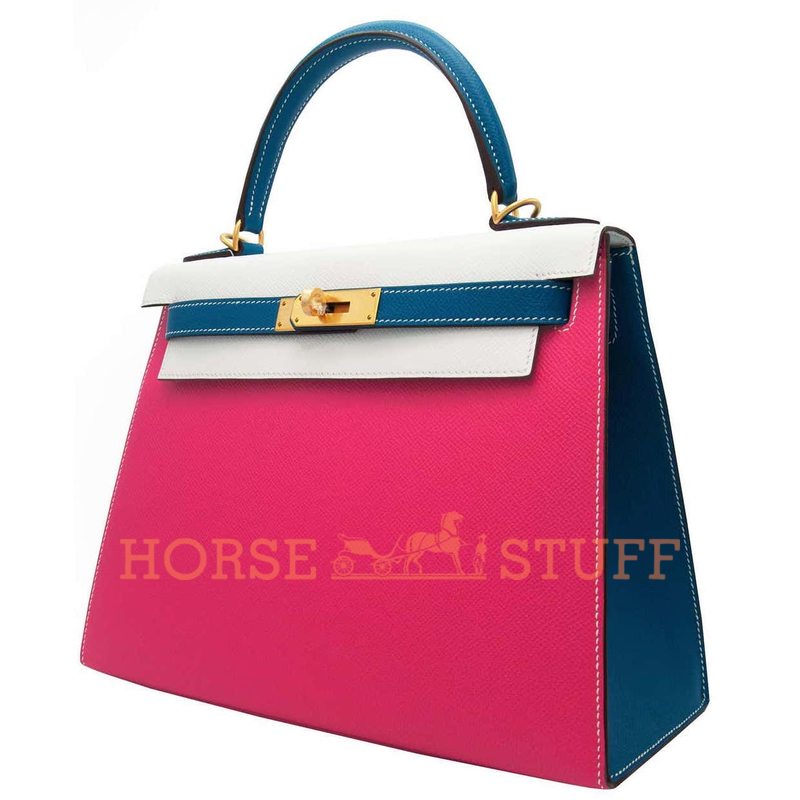 Hermès Kelly Sellier 28 Special Order HSS Tricolor Rose Tyrien / White / Blue Sapphire Epsom BGHW