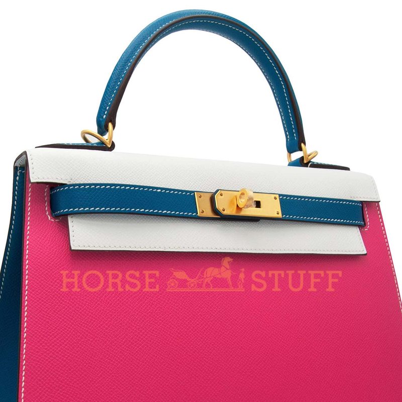 Hermès Kelly Sellier 28 Special Order HSS Tricolor Rose Tyrien / White / Blue Sapphire Epsom BGHW