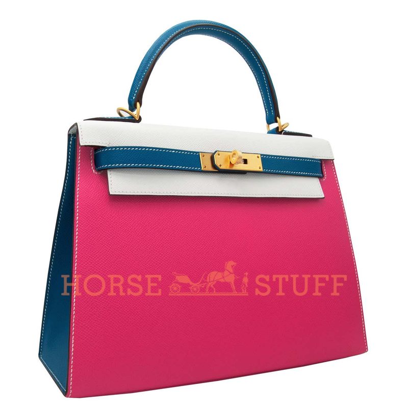 Hermès Kelly Sellier 28 Special Order HSS Tricolor Rose Tyrien / White / Blue Sapphire Epsom BGHW