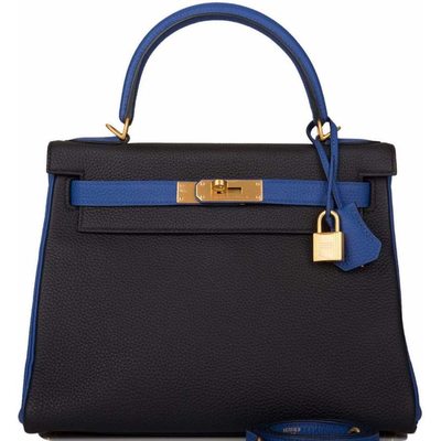 Hermès Kelly Retourne 28 Special Order HSS Black / Blue Electrique Clemence BGHW