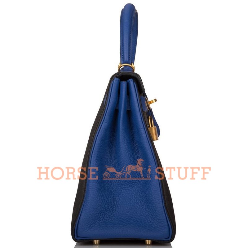 Hermès Kelly Retourne 28 Special Order HSS Black / Blue Electrique Clemence BGHW