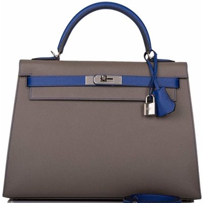 Hermès Kelly Sellier 28 Special Order HSS Etain / Blue Electrique Epsom PHW