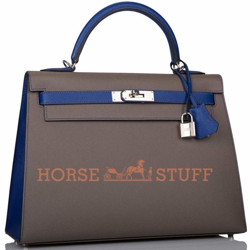 Hermès Kelly Sellier 28 Special Order HSS Etain / Blue Electrique Epsom PHW