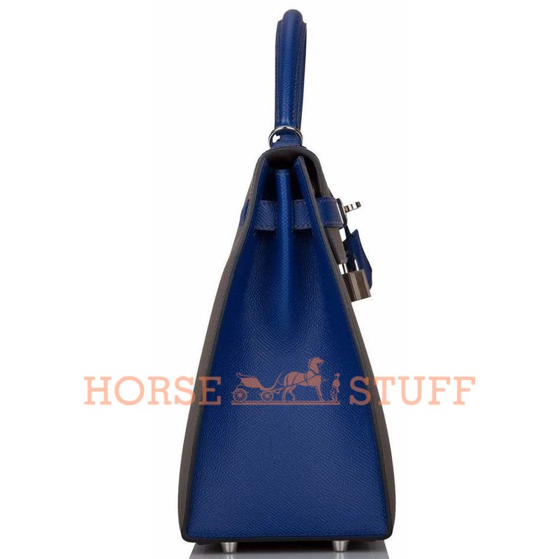 Hermès Kelly Sellier 28 Special Order HSS Etain / Blue Electrique Epsom PHW