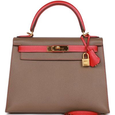 Hermès Kelly Sellier 28 Special Order HSS Etoupe / Rouge Tomate Epsom BGHW