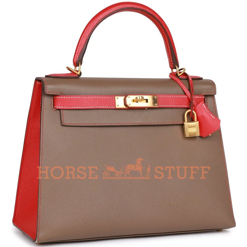 Hermès Kelly Sellier 28 Special Order HSS Etoupe / Rouge Tomate Epsom BGHW