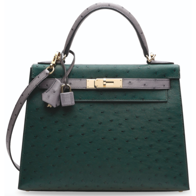 Hermès Kelly Sellier 28 Special Order HSS Vert Titien / Gris Agate Ostrich Permabrass