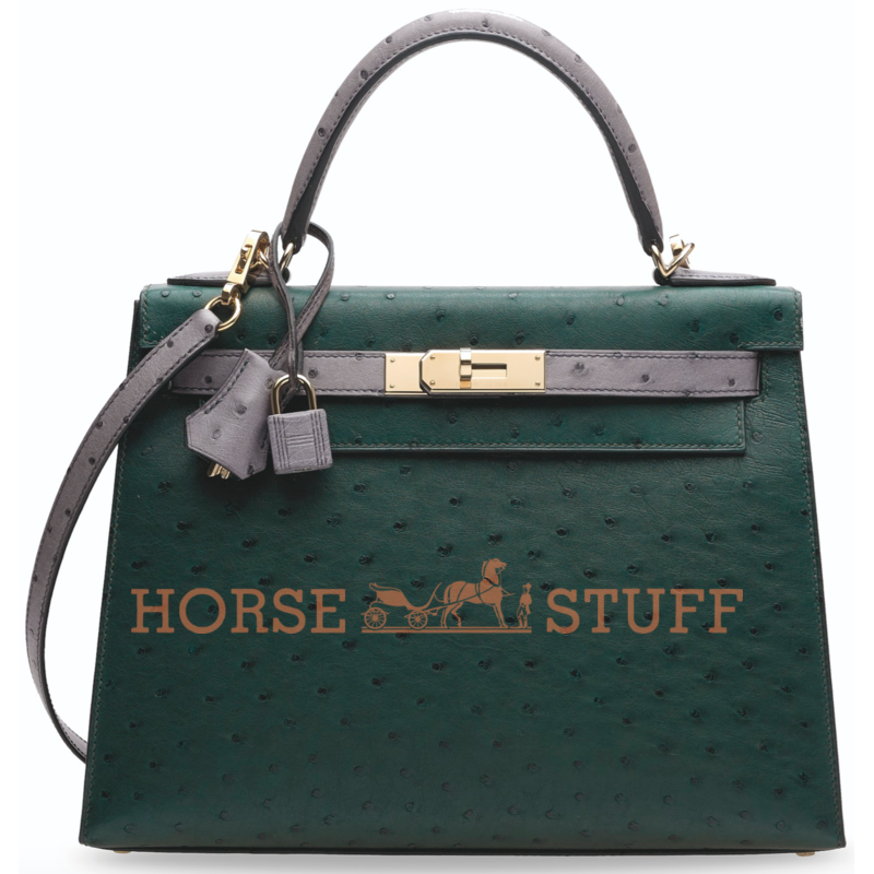 Hermès Kelly Sellier 28 Special Order HSS Vert Titien / Gris Agate Ostrich Permabrass