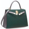 Hermès Kelly Sellier 28 Special Order HSS Vert Titien / Gris Agate Ostrich Permabrass