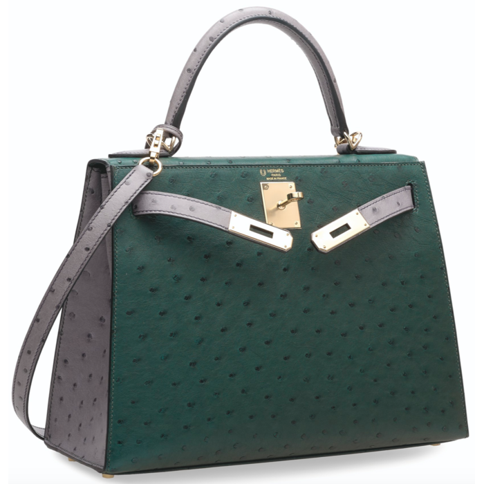 Hermes Kelly Sellier 28 HSS Bag Gris Agate / Vert Titien Ostrich Gold  Hardware