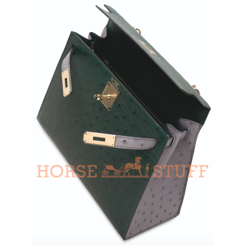 Hermès Kelly Sellier 28 Special Order HSS Vert Titien / Gris Agate Ostrich Permabrass