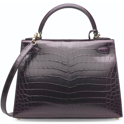 Hermès Kelly Sellier 28 Prunoir Lisse Crocodile Niloticus GHW