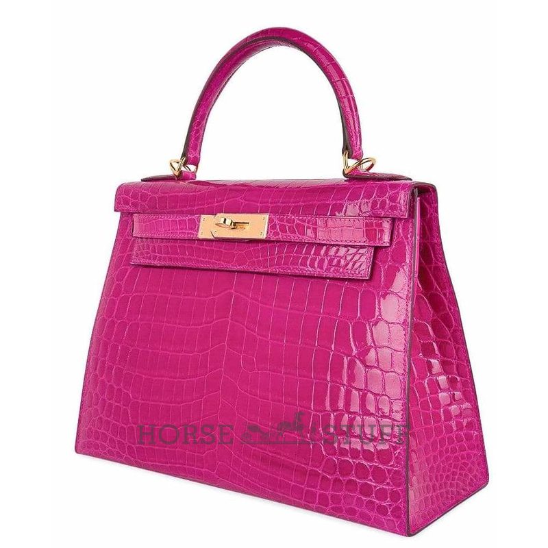 Hermès Kelly Sellier 28 Rose Scheherazade Lisse Crocodile Niloticus GHW