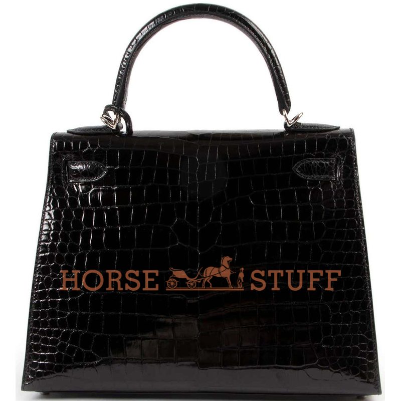 Hermès Kelly Sellier 28 Black Lisse Crocodile Porosus PHW