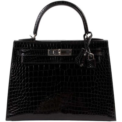 Hermès Kelly Sellier 28 Black Lisse Crocodile Porosus PHW