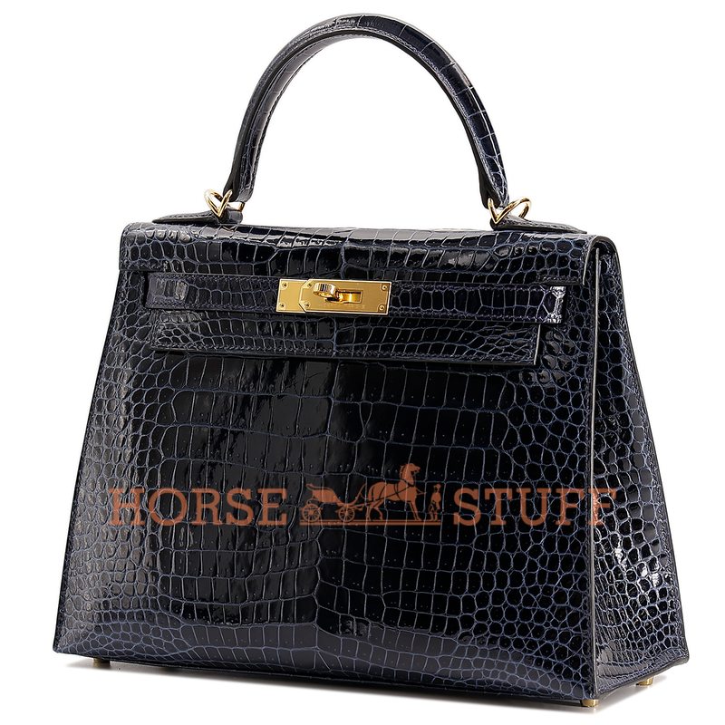 Hermès Kelly Sellier 28 Blue Baltique Lisse Crocodile Porosus GHW