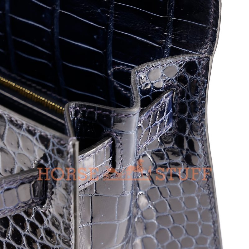 Hermès Kelly Sellier 28 Blue Baltique Lisse Crocodile Porosus GHW