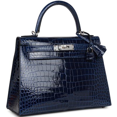 Hermès Kelly Sellier 28 Blue Sapphire Lisse Crocodile Porosus PHW