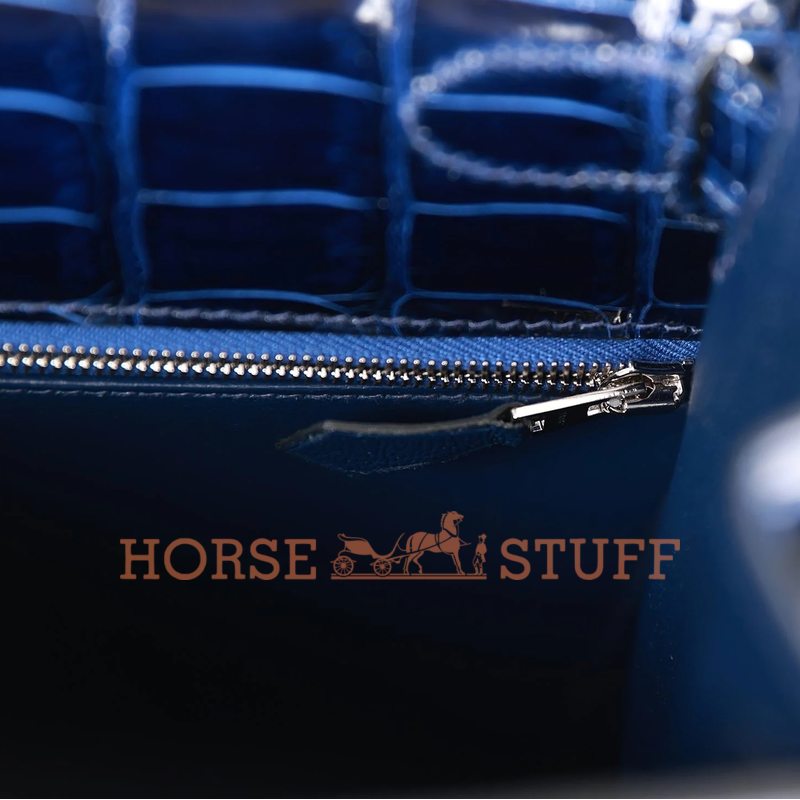 Hermès Kelly Sellier 28 Blue Sapphire Lisse Crocodile Porosus PHW