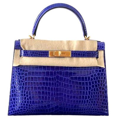 Hermès Kelly Sellier 28 Blue Electrique Lisse Crocodile Porosus GHW 