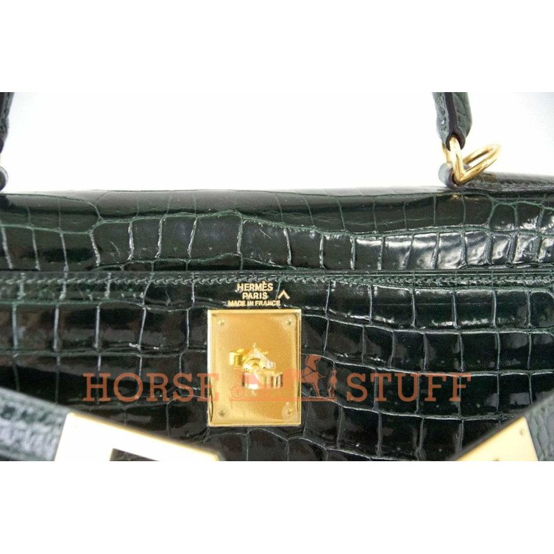 Hermès Kelly Sellier 28 Vert Fonce Lisse Crocodile Porosus GHW