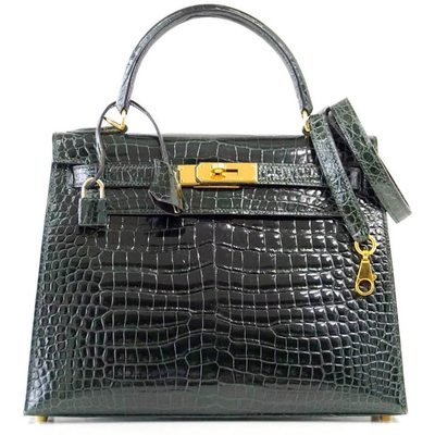 Hermès Kelly Sellier 28 Vert Fonce Lisse Crocodile Porosus GHW