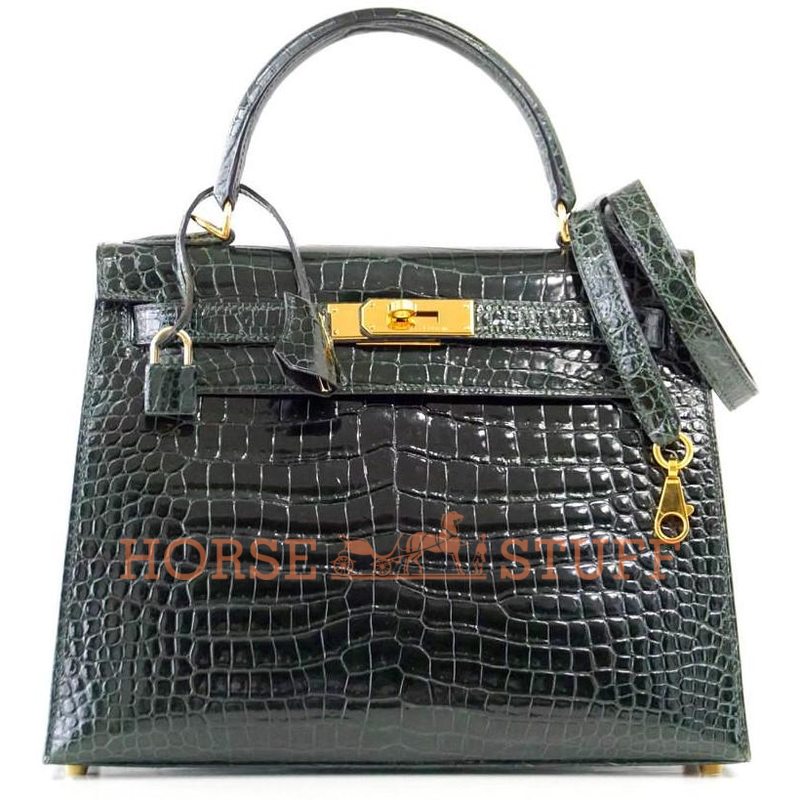 Hermès Kelly Sellier 28 Vert Fonce Lisse Crocodile Porosus GHW