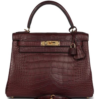Hermès Kelly Retourne 28 Bordeaux Matte Crocodile Alligator GHW