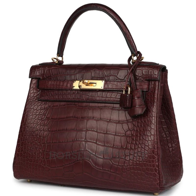 Hermès Kelly Retourne 28 Bordeaux Matte Crocodile Alligator GHW