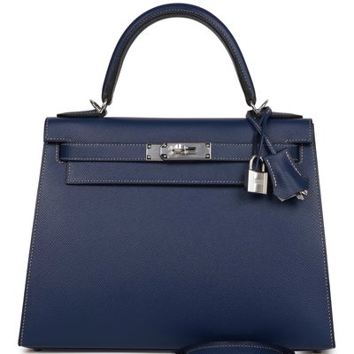 Hermès Kelly Sellier 28 Special Order HSS Verso Blue Indigo with contrast stitching / Gris Perle Epsom PHW