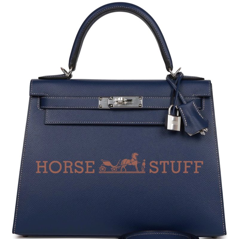 Hermès Kelly Sellier 28 Special Order HSS Verso Blue Indigo with contrast stitching / Gris Perle Epsom PHW