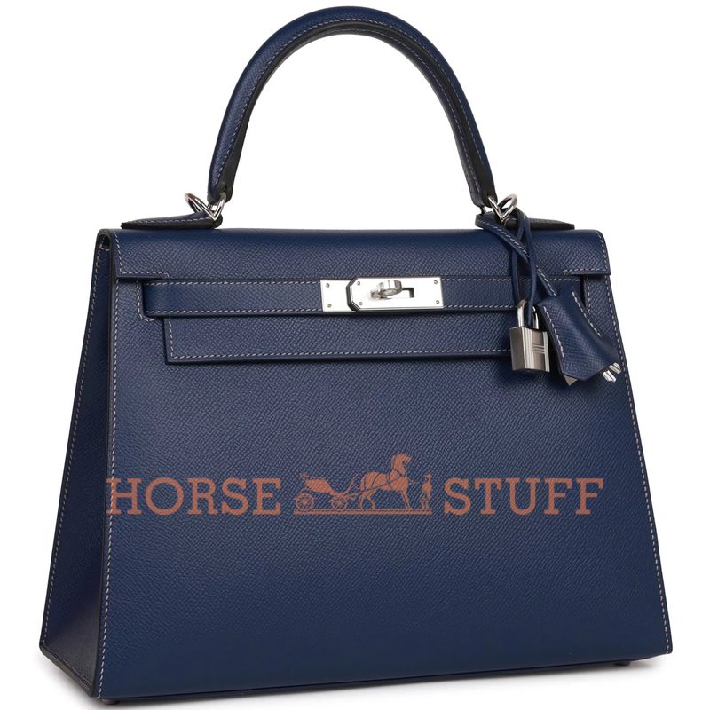 Hermès Kelly Sellier 28 Special Order HSS Verso Blue Indigo with contrast stitching / Gris Perle Epsom PHW