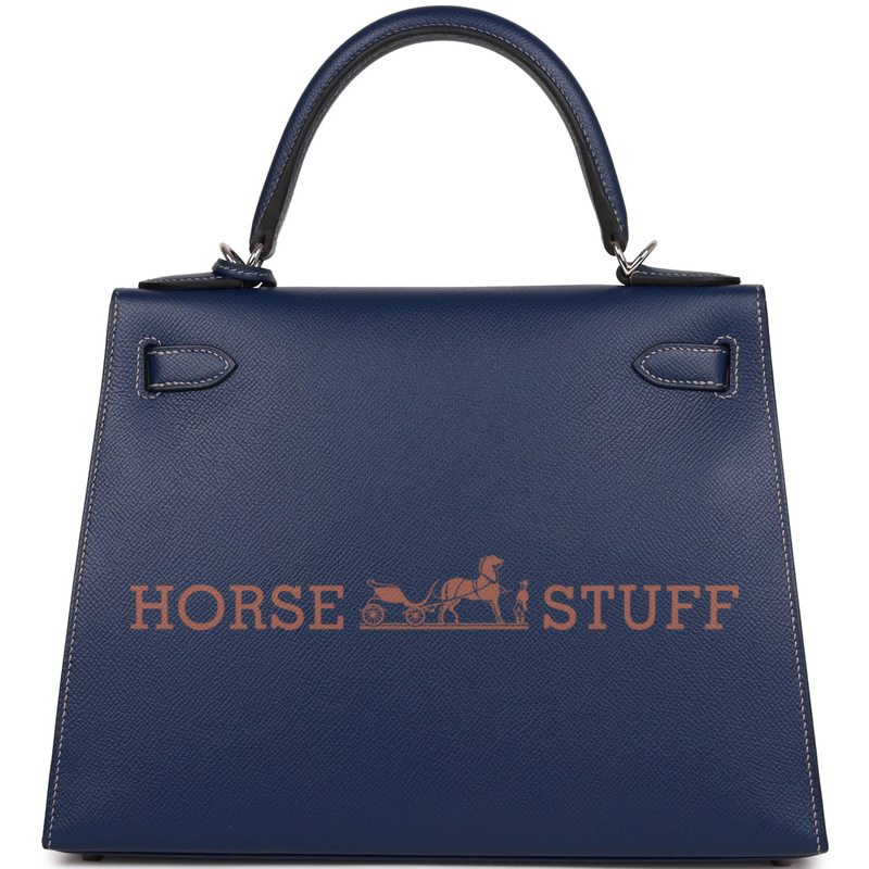 Hermès Kelly Sellier 28 Special Order HSS Verso Blue Indigo with contrast stitching / Gris Perle Epsom PHW