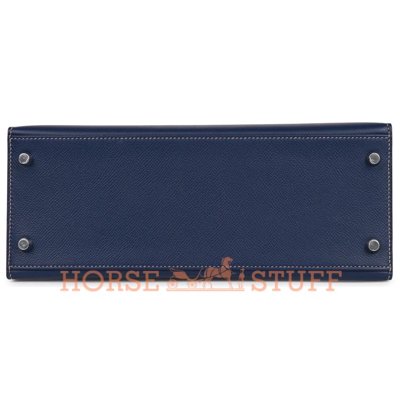 Hermès Kelly Sellier 28 Special Order HSS Verso Blue Indigo with contrast stitching / Gris Perle Epsom PHW